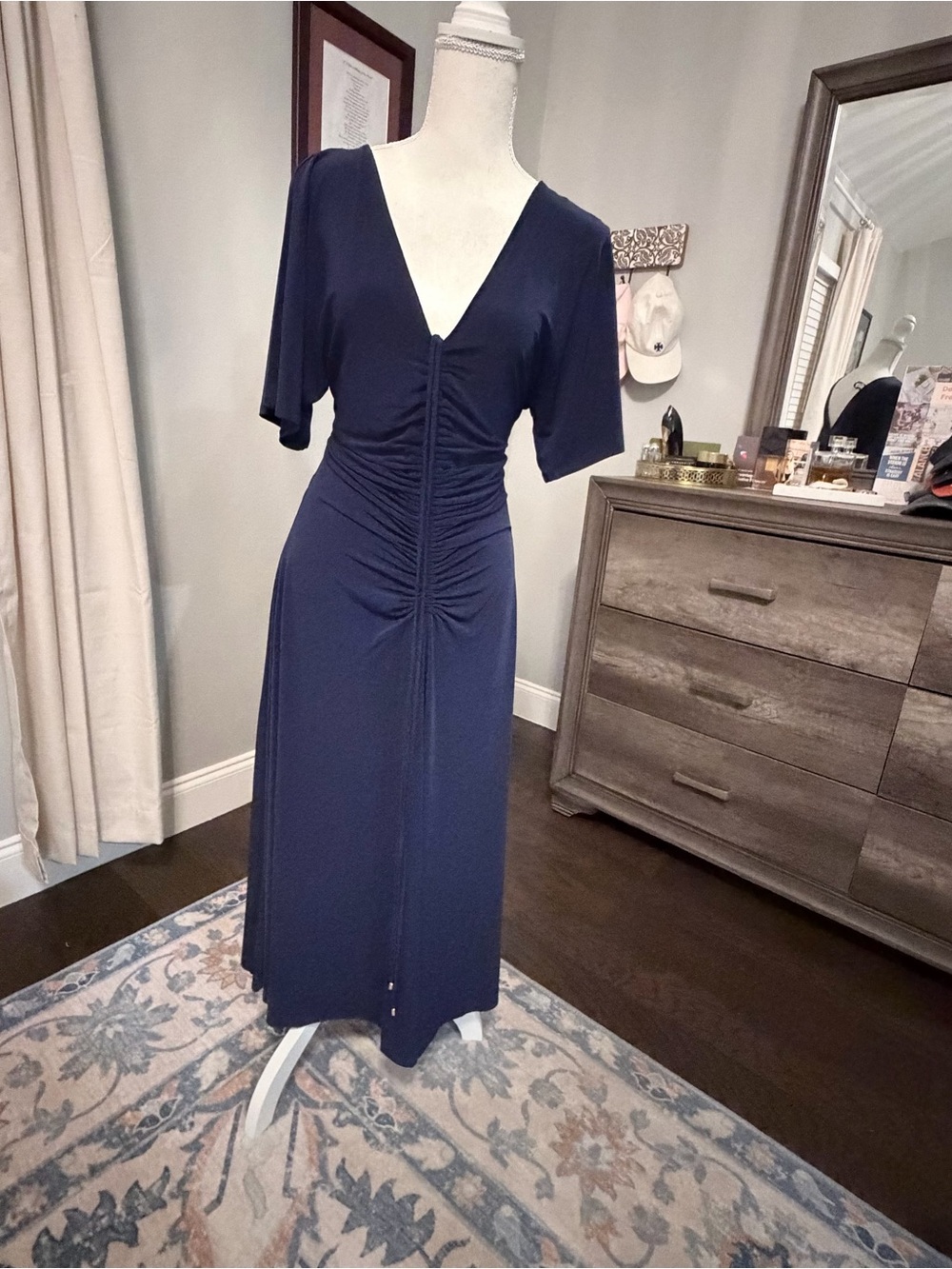 White House Black Market Navy V-Neck Ruched Midi Dress